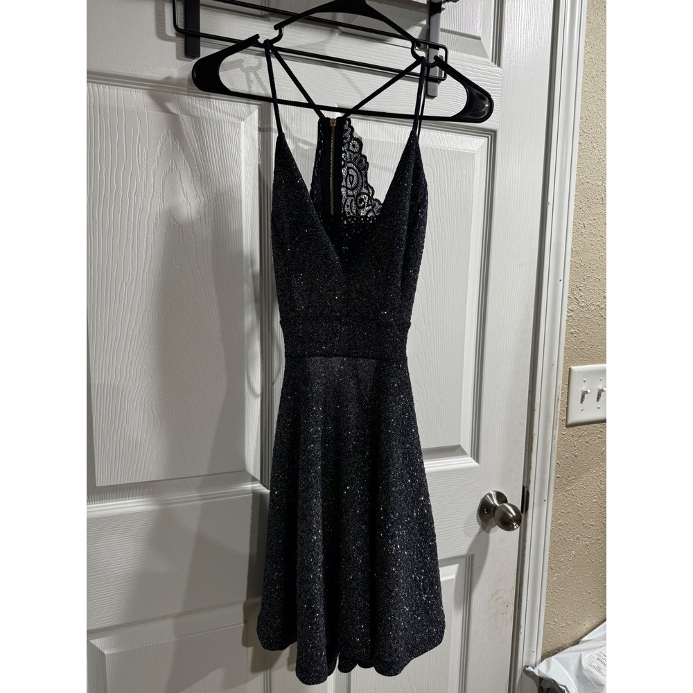 Windsor Navy Blue Glitter Skater Dress Lace Back Mini XS LD9384EWD